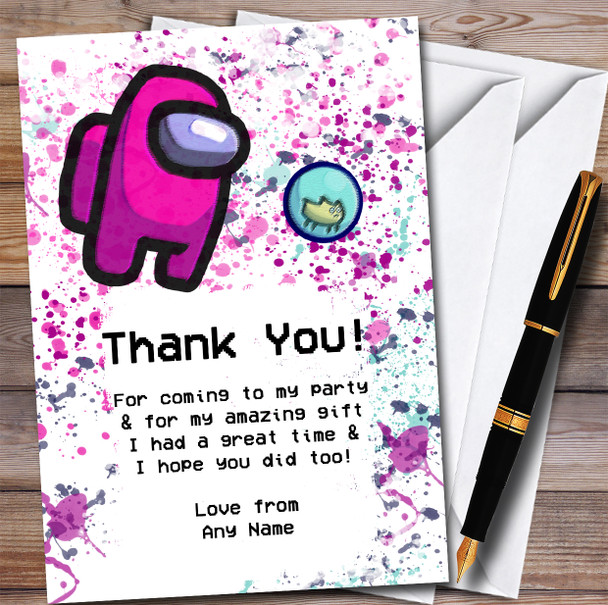 Among Us Pink & Pet Splatter Art Children's Birthday Party Thank You Cards