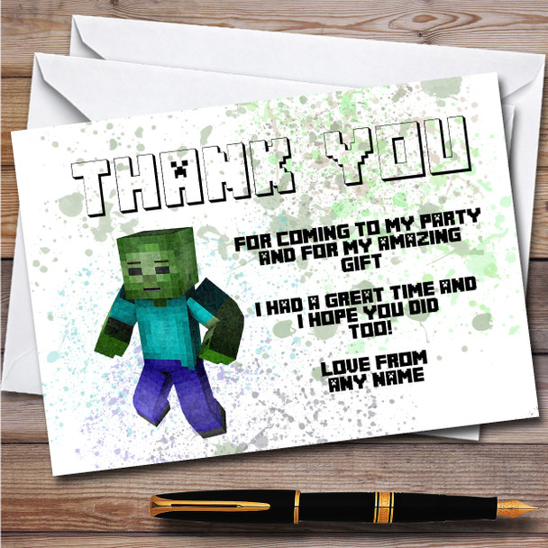 Minecraft Zombie Splatter Art Children's Birthday Party Thank You Cards