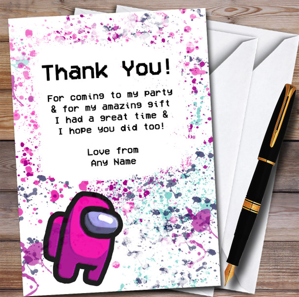 Among Us Pink Splatter Art Children's Birthday Party Thank You Cards