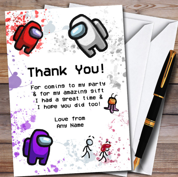 Among Us Purple Red White & Pets Splatter Art Birthday Party Thank You Cards