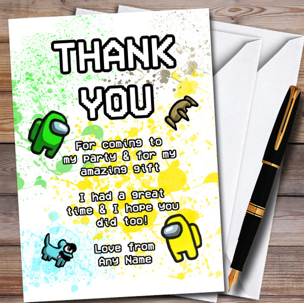 Among Us Yellow Green & Pets Splatter Art Birthday Party Thank You Cards