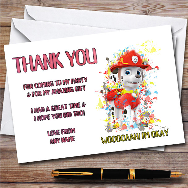 Paw Patrol Marshall Splatter Art Children's Birthday Party Thank You Cards