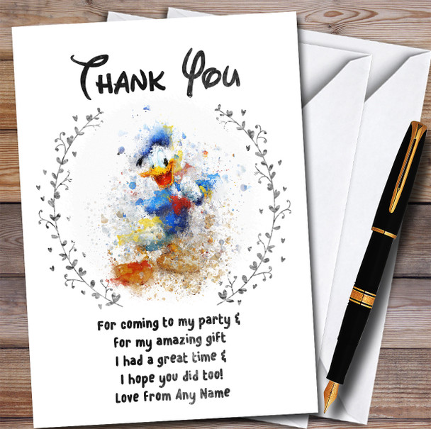 Donald Duck Watercolour Splatter Children's Birthday Party Thank You Cards