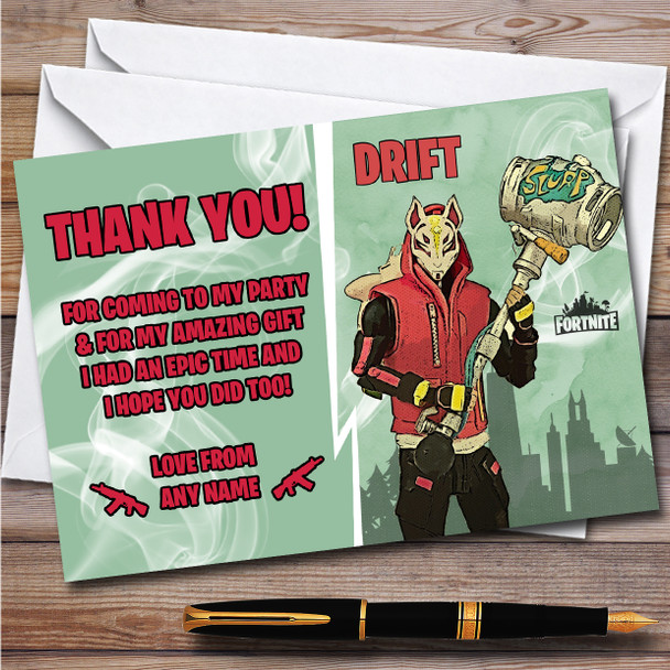 Drift Gaming Comic Style Fortnite Skin Children's Birthday Party Thank You Cards