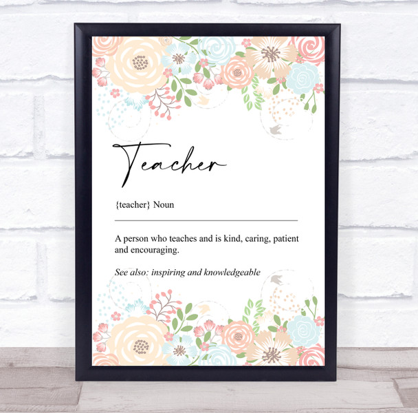 Noun Teacher Word Definition Floral Shabby Chic Personalised Wall Art Print