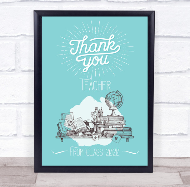 Thank You Teacher Blue Vintage Style Sketch Personalised Wall Art Print