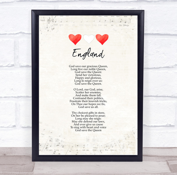 England Vintage Style Watercolour Hearts National Anthem & Music Wall Art Print
