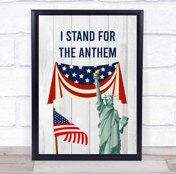 USA I Stand For The Anthem Statue Of Liberty White Wood Wall Art Print