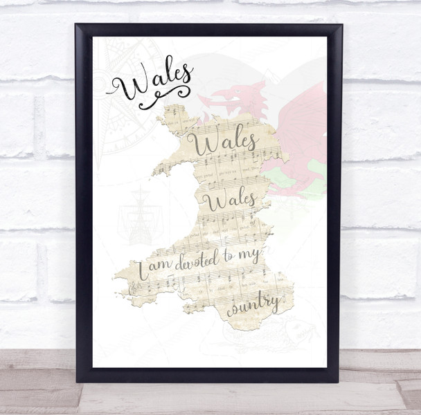 Wales Beautiful Shape Of Country Lyrics & Music Wall Art Print