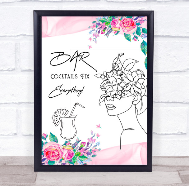 Bar Cocktails Fix Everything Floral Pink Watercolour Personalised Party Sign