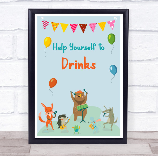 Cute Animals Instruments Birthday Help Yourself Drinks Personalised Party Sign