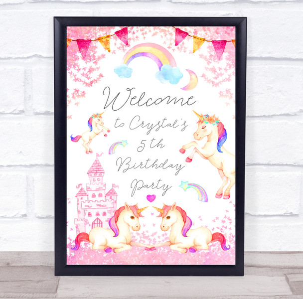 Pretty Pink Unicorn And Rainbows Welcome Birthday Personalised Event Party Sign