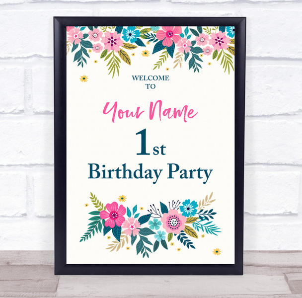 Pretty Colour Floral Borders Birthday Personalised Event Party Decoration Sign