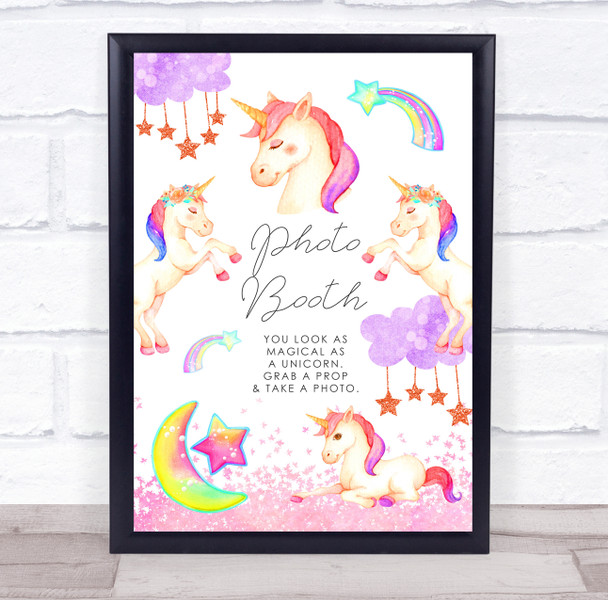 Pretty Pink Unicorn And Rainbows Photo Booth Birthday Personalised Party Sign