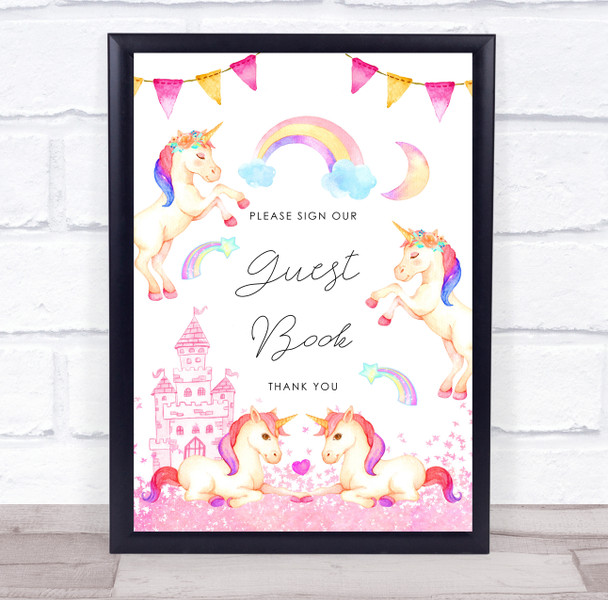 Pretty Pink Unicorn And Rainbows Guest Book Birthday Personalised Party Sign