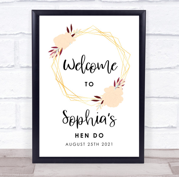 Peach Floral Gold Geometric Welcome Hen Do Personalised Event Party Sign