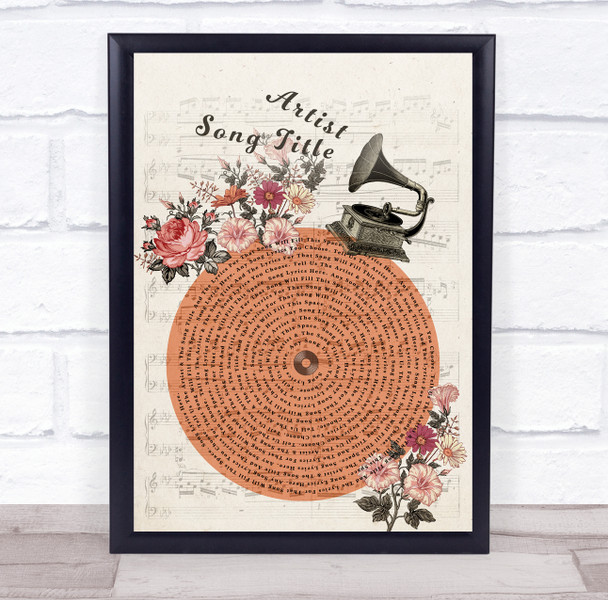 Floral Gramophone Vintage Record Any Song Lyric Personalised Music Art Print