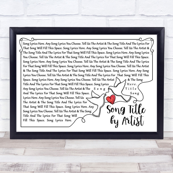 Line Art Doves & Heart Any Song Lyric Personalised Music Wall Art Print