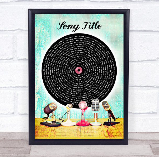 Retro Funky Microphone Vinyl Record Any Song Lyric Personalised Music Art Print
