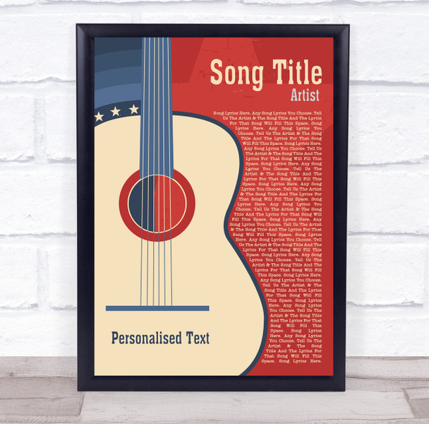 USA Red Blue Country Western Guitar Any Song Lyric Personalised Music Art Print