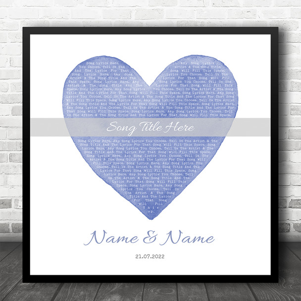 Square Blue Watercolour Heart Any Song Lyric Personalised Music Wall Art Print