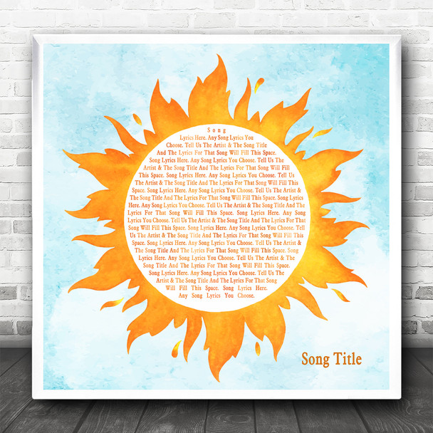 Watercolour Sun Sunshine Square Any Song Lyric Personalised Music Wall Art Print