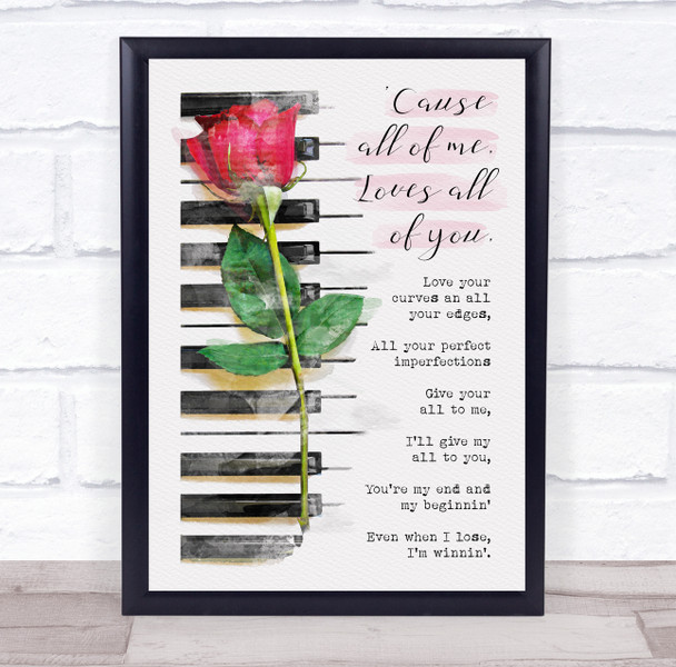 John Legend All Of Me Watercolour Rose Piano Music Song Lyric Wall Art Print