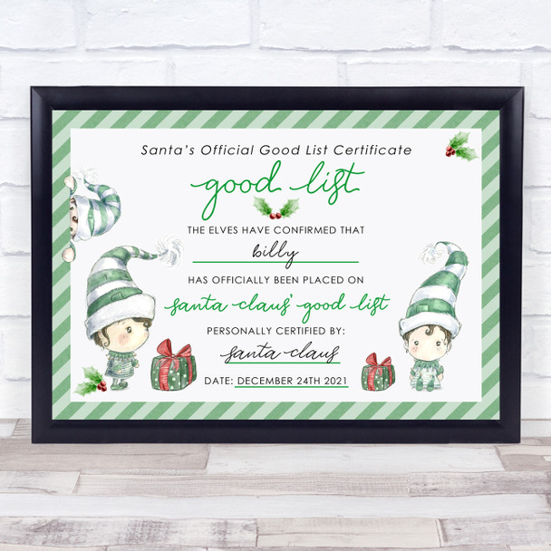 Green Elf Christmas Print Santa's Good List Personalised Certificate Award Print