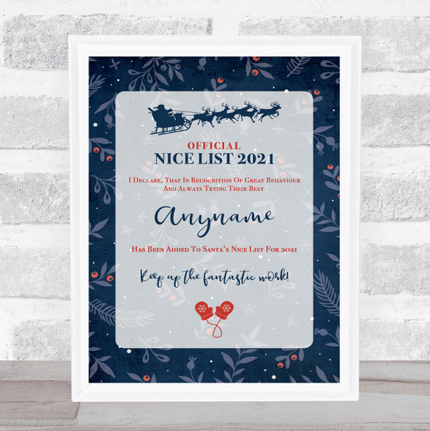 Official Nice List Dark Blue Christmas Sign Personalised Certificate Award Print