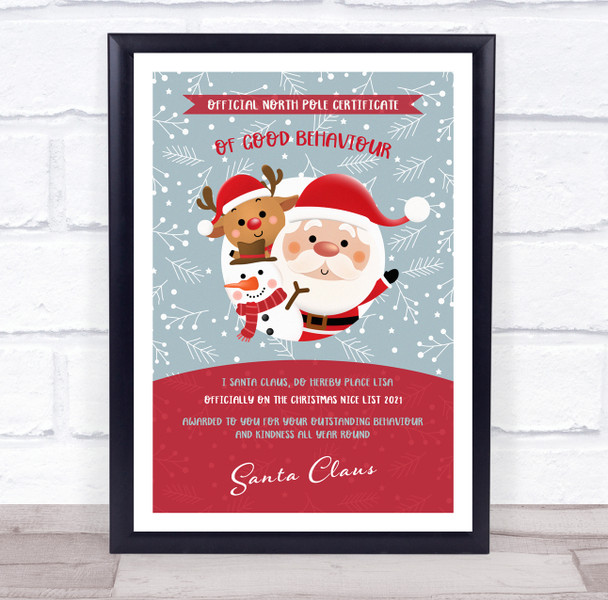 Official North Pole Good Behaviour Red Christmas Sign Personalised Certificate
