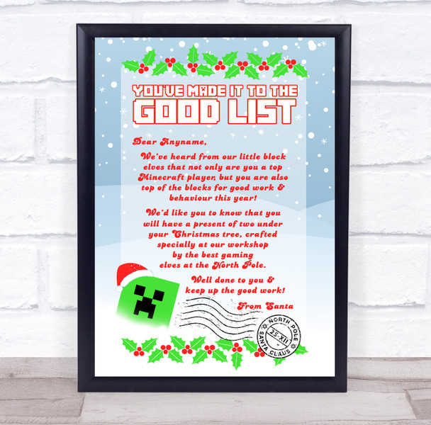 Minecraft Christmas Creeper Santa Letter Certificate Award Print