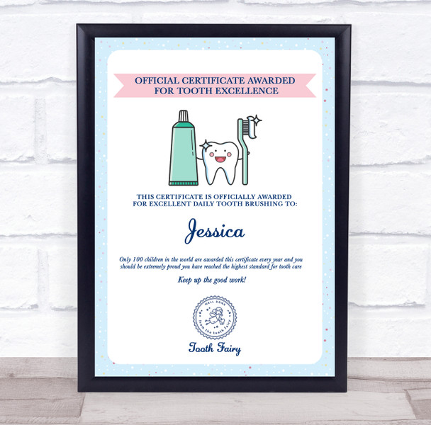 Tooth Fairy Official Tooth Excellence Light Blue Personalised Certificate