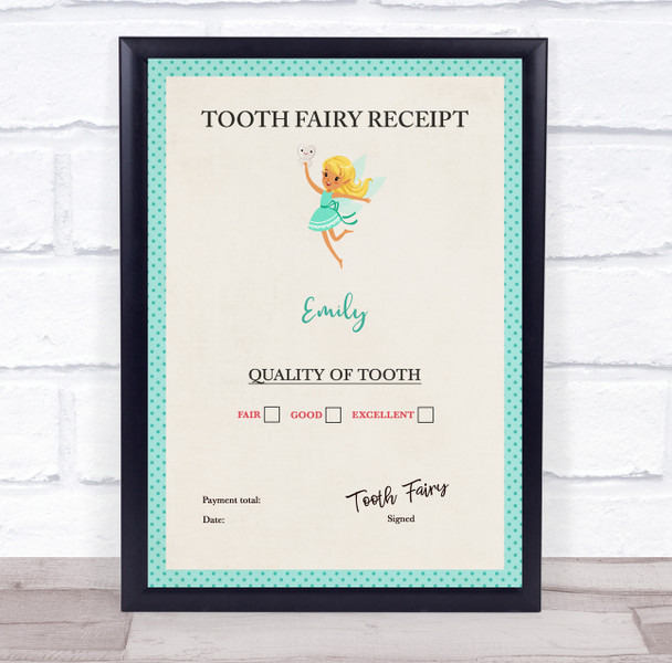 Teal Border Tooth Fairy Receipt Personalised Certificate Award Print