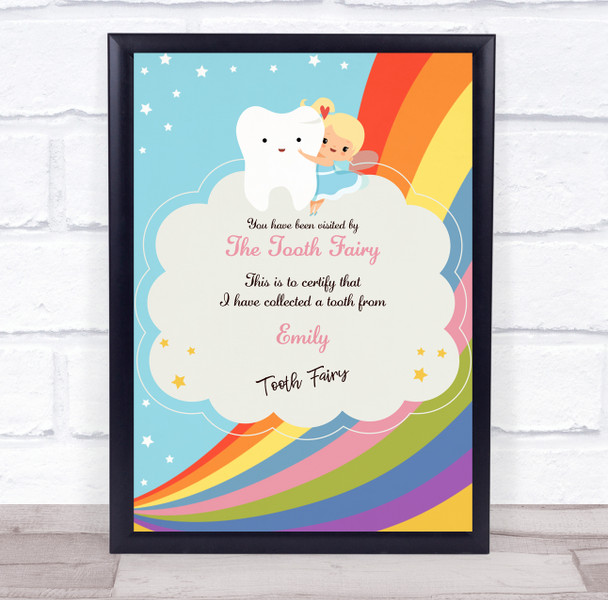 Blonde Girl Rainbow Tooth Fairy Personalised Certificate Award Print