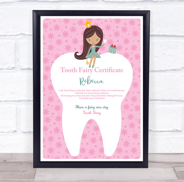 Pink Tooth Fairy Cartoon Girl Personalised Certificate Award Print