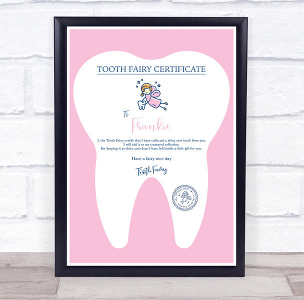 Pink Tooth Fairy Personalised Certificate Award Print