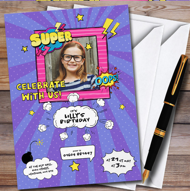 Purple Comic Superhero Photo Personalised Children's Birthday Party Invitations