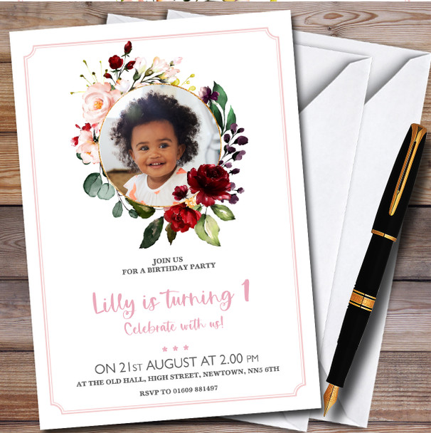 Pretty Floral Wreath Photo Personalised Children's Birthday Party Invitations