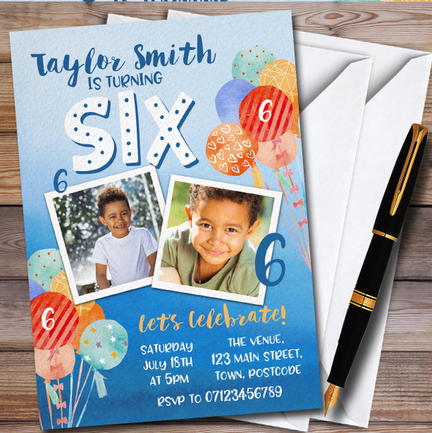 6Th Birthday Boy Photo Balloons Children's Birthday Party Invitations