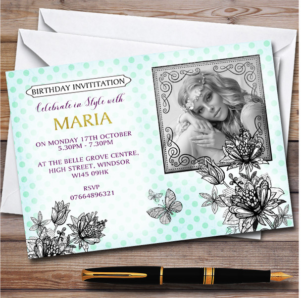 Black & White Photo Floral Blue Vintage Personalised Birthday Party Invitations