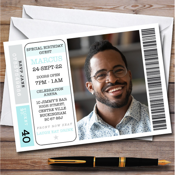 Photo Concert Gig Ticket Style Blue Personalised Birthday Party Invitations