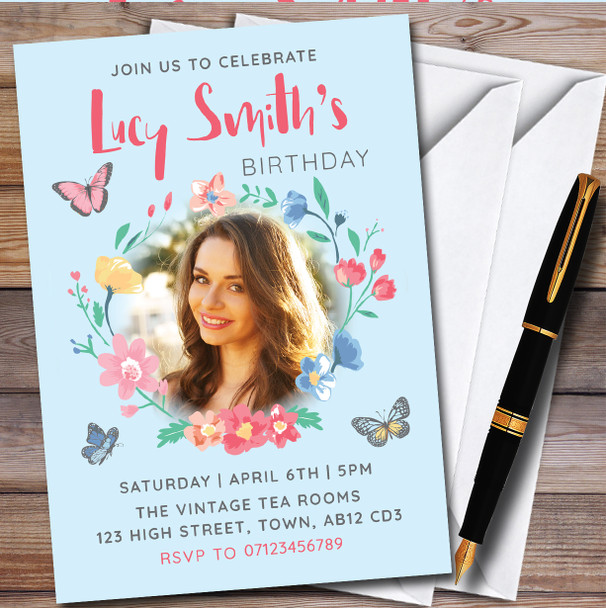 Floral Photo Blue Butterflies Personalised Birthday Party Invitations