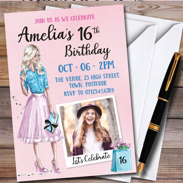 Any Age Pink Female Photo Personalised Birthday Party Invitations