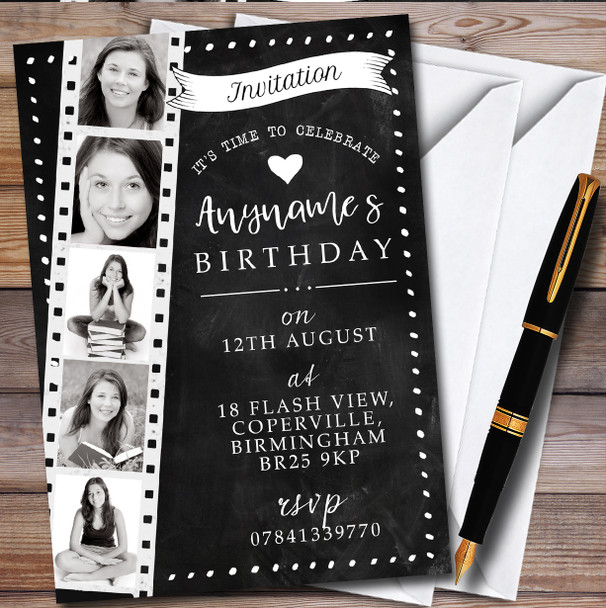 5 Photo Film Reel Vintage Personalised Birthday Party Invitations