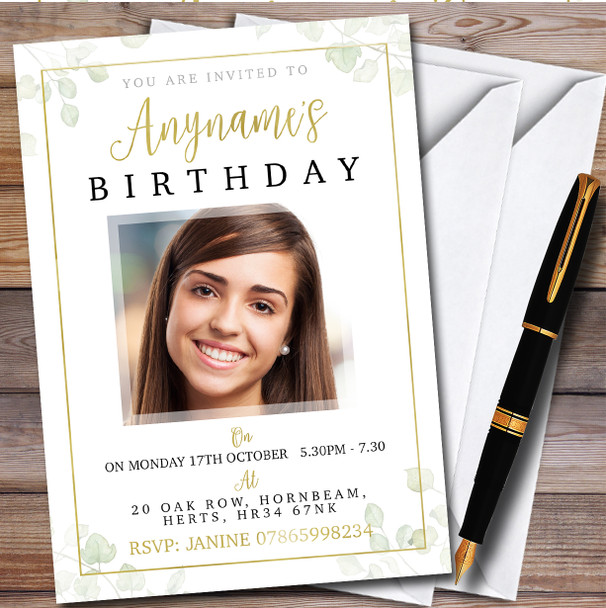 Photo Leaves Gold Detail Personalised Birthday Party Invitations
