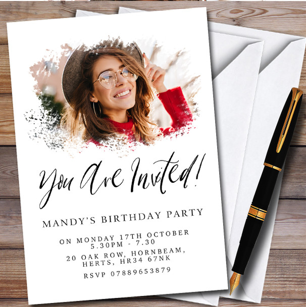 Photo Watercolour Brush Personalised Birthday Party Invitations