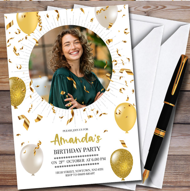 Gold Balloons Photo Personalised Birthday Party Invitations