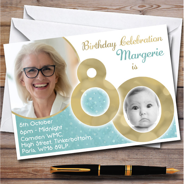 Photo 80 Young & Older Vintage Teal 80Th Personalised Birthday Party Invitations