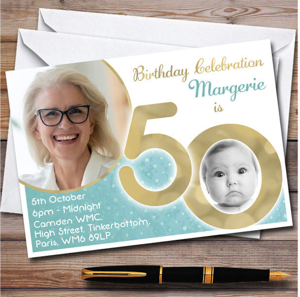 Photo 50 Young & Older Vintage Teal 50Th Personalised Birthday Party Invitations