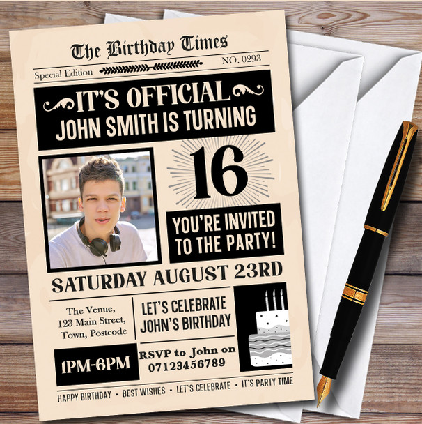Newspaper Photo 16Th Personalised Birthday Party Invitations